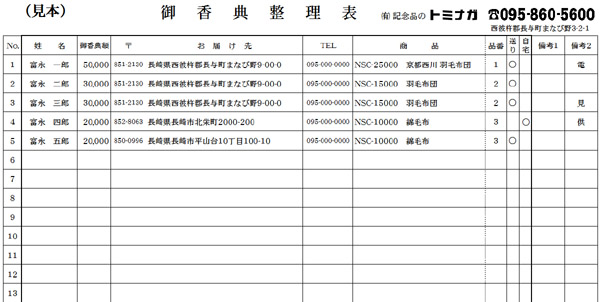 御香典整理表